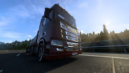 Gameplay screenshot of Euro Truck Simulator 2 showing a truck on a highway